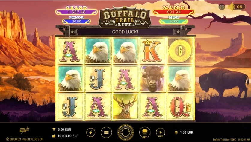 Изображение слота Buffalo Trail, где фигурируют знаки буйволов и оформление в духе Дикого Запада